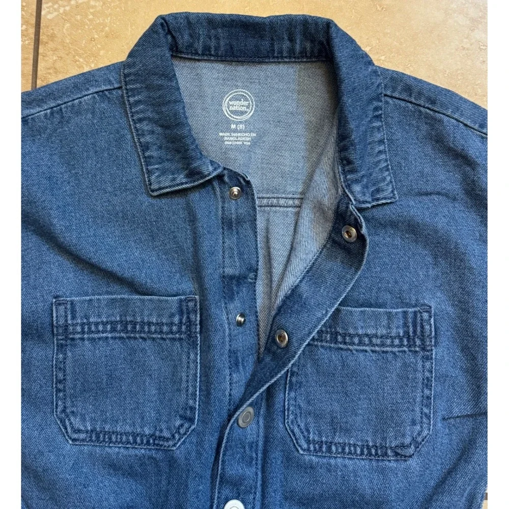Wonder Nation Denim Romper Girls M 8 Blue Utility Snap Front Short Sleeve‎ NEW
